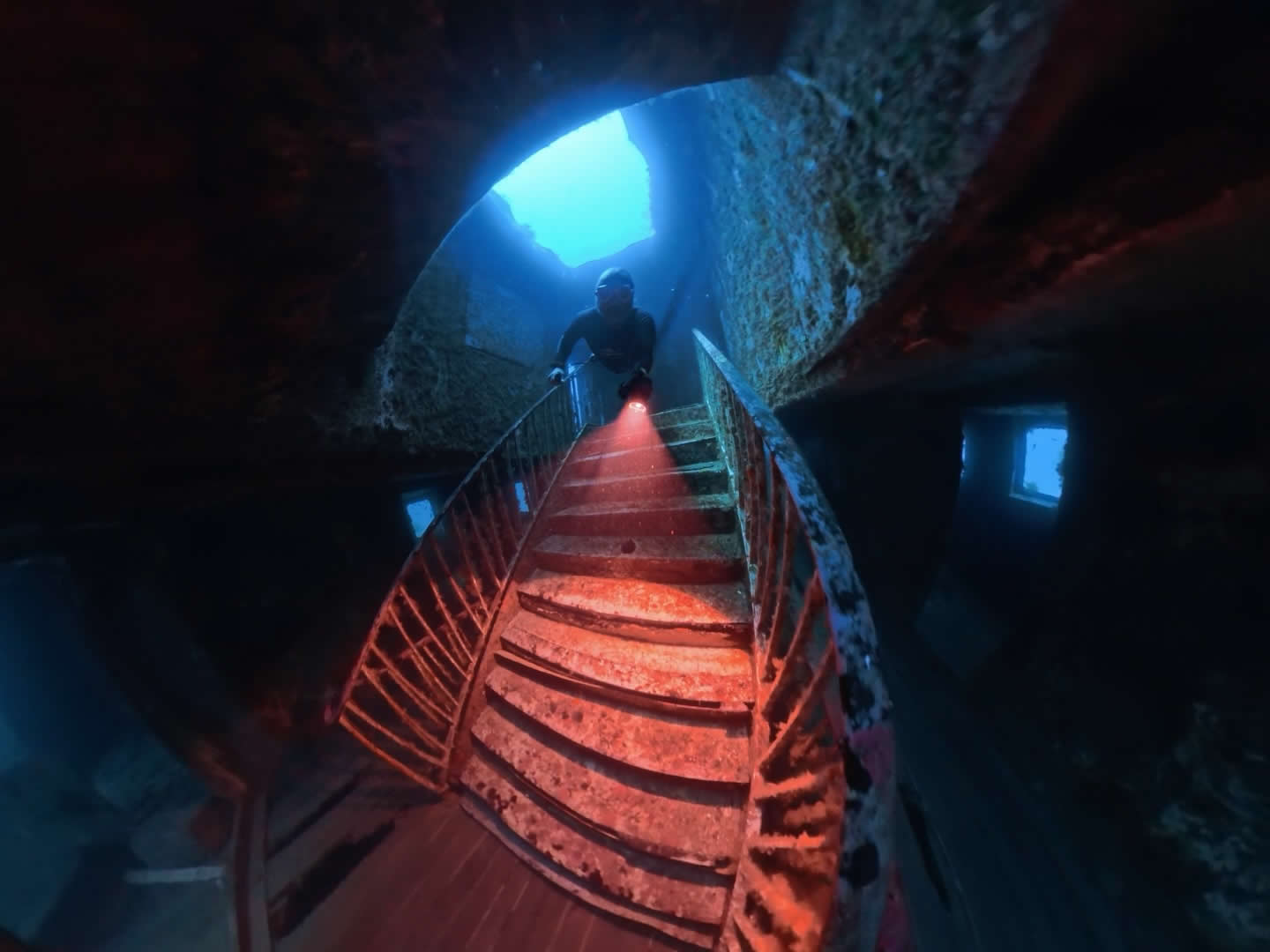 The staircase inside the MV Karwela